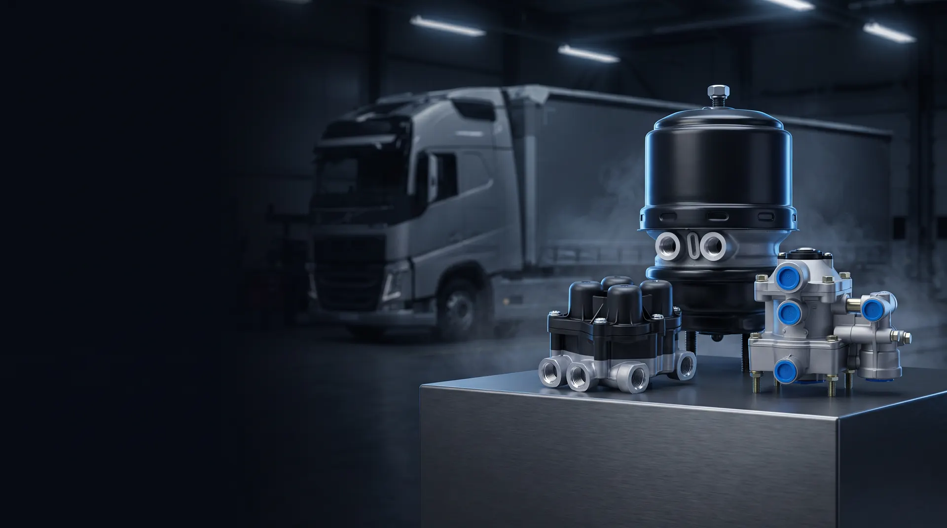 AIRONE spring brake chamber, four-circuit protection valve and trailer control valve against a tractor unit