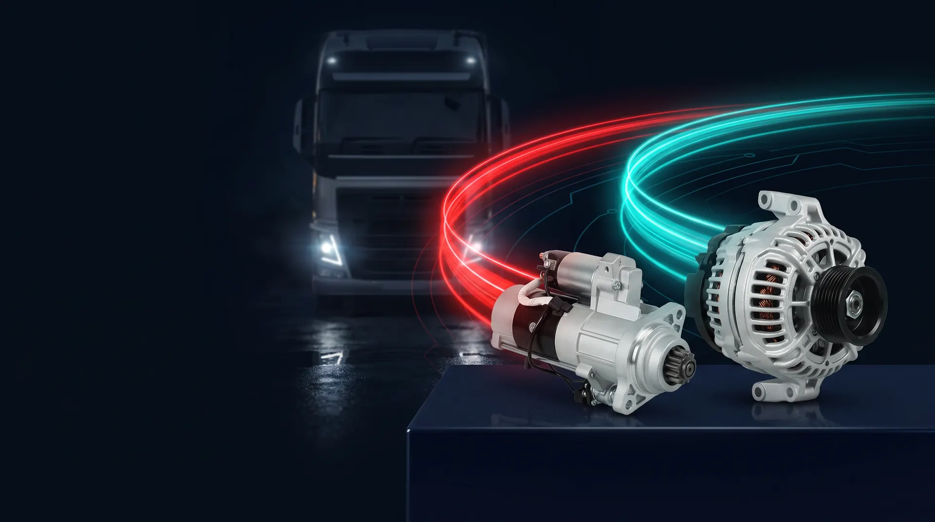 IMPULSE AI starter and alternator against a tractor unit, with red and teal light trails